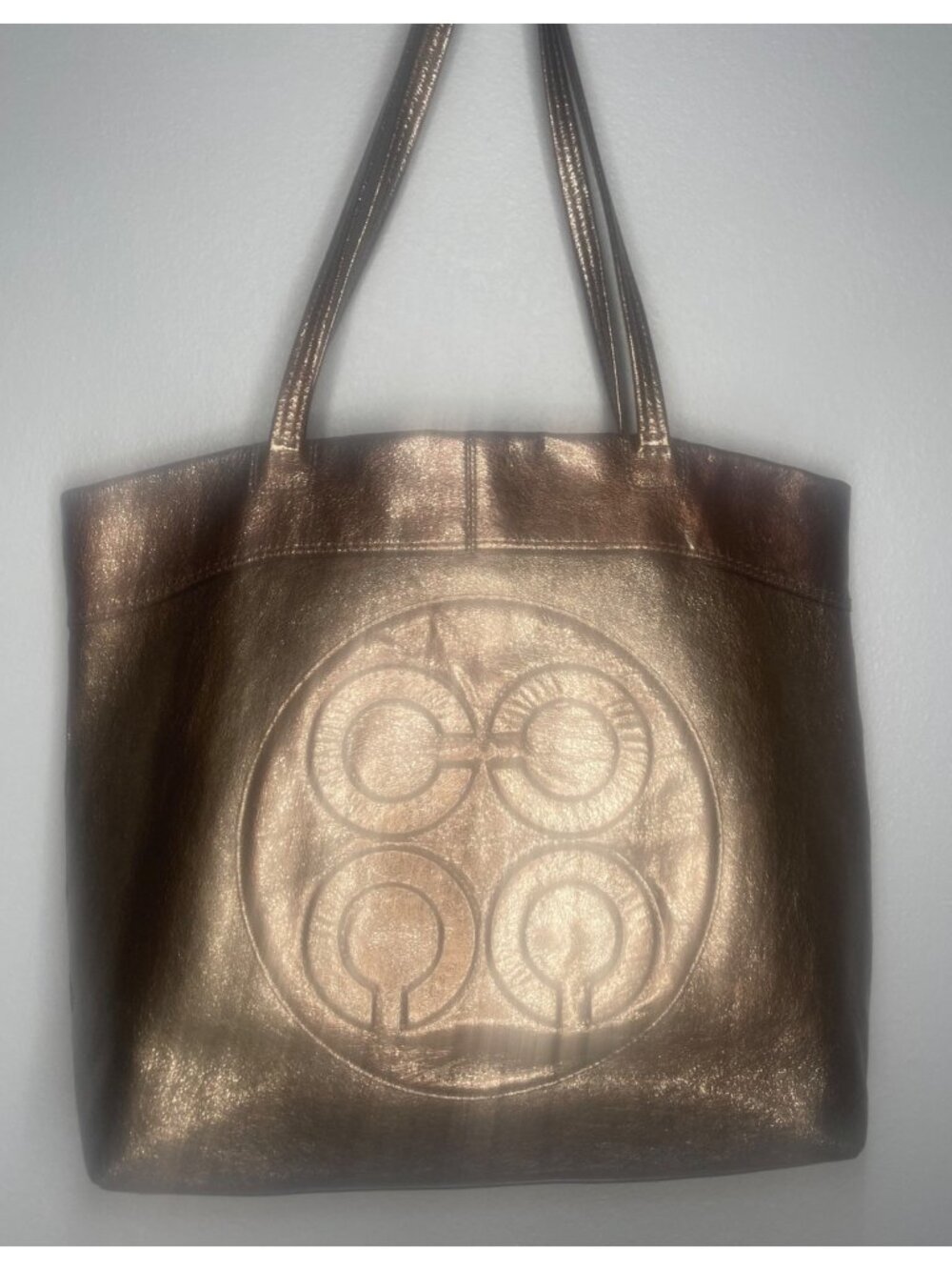 Coach Metallic Bronze Leather Tote Bag Dual Shoulder Straps Travel